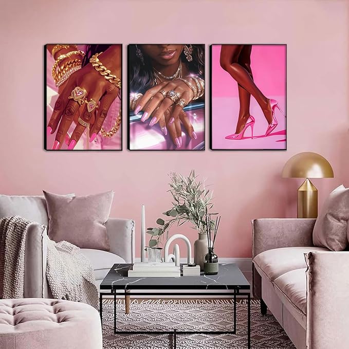 Pink Fashion Black Girl Canvas Wall Art Set of 3 African American Black Woman Posters Wall Decor Fashion Black Woman Pictures Prints for Living Room Bedroom Artwork Home Decoration 12x16Inch Unframed