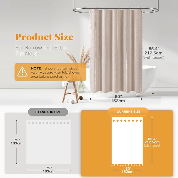 BTTN Stall Shower Curtain - 60x84 Long Boho Farmhouse Linen Fabric Tassel Shower Curtain Set with 10 Plastic Hook, Narrow Bohemian Rustic Thick Decorative Cloth Shower Curtain for Bathroom - Taupe/Tan