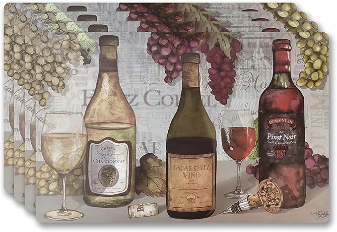 Vinyl Rectangular Placemats Set of 4 - Non Slip Place Mats Ideal for Indoor and Outdoor Dining Table - Washable and Heat Resistant Table Mat for Kitchen Tables (Wine Trio)