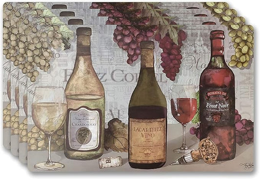 Vinyl Rectangular Placemats Set of 4 - Non Slip Place Mats Ideal for Indoor and Outdoor Dining Table - Washable and Heat Resistant Table Mat for Kitchen Tables (Wine Trio)