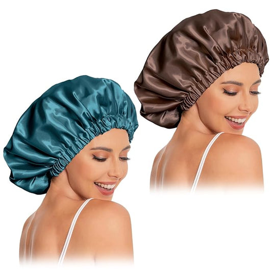 Satin Bonnet Silk Bonnet Hair Bonnet for Sleeping-Slouchy Beanie Hat Satin Sleep Cap for Women's Natural & Curly Hair(Blue Zircon&Brown)