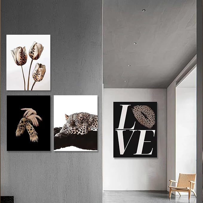 Kousne 4PCS Black and Gold Leopard Rose Print stockholm cheetah Poster Set Trendy Women’s Aesthetic Wall Art Canvas Prints Decor for Bedroom Living Room Office Beauty Salon Unframed 8x10 Inch