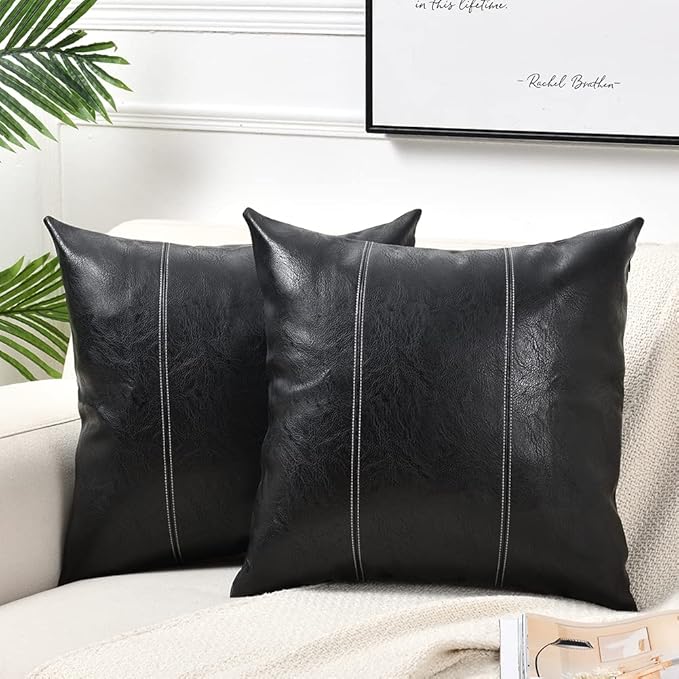 Fancy Homi 2 Packs Black Boho Faux Leather Decorative Throw Pillow Covers 18x18 Inch for Living Room Couch Bed Sofa, Rustic Modern Farmhouse Home Decor, Hand Stitched Square Cushion Case 45x45 cm
