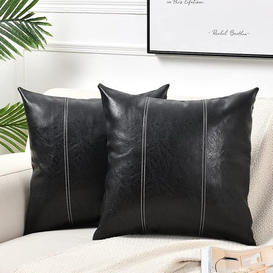 Fancy Homi 2 Packs Black Boho Faux Leather Decorative Throw Pillow Covers 18x18 Inch for Living Room Couch Bed Sofa, Rustic Modern Farmhouse Home Decor, Hand Stitched Square Cushion Case 45x45 cm