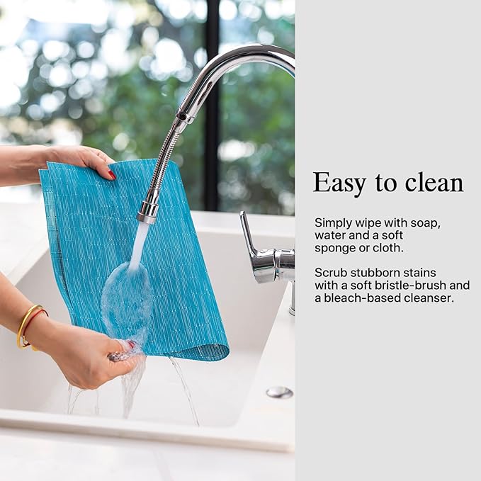 Placemats Set of 8 - Easy Clean Woven Vinyl Placemats for Dining Table, Indoor/Outdoor Place Mats, Washable PVC Table Mats（Teal Blue）