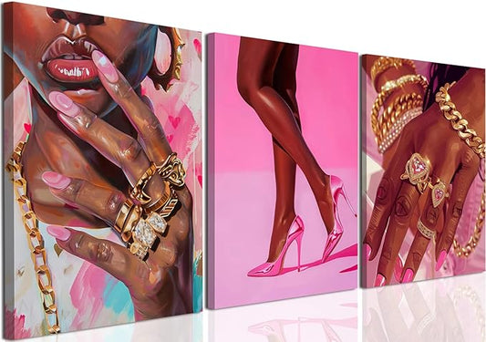 Black Girl Wall Art Set of 3 Pink Fashion Black Woman Canvas Wall Decor Pictures African American Women Paintings Home Decor Posters Prints for Living Room Bedroom Bathroom 16x24Inch Framed