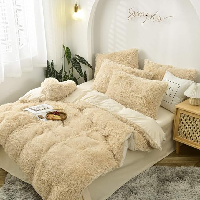 MorroMorn 5 PCS Shaggy Duvet Cover Bedding Set - Fluffy Comforter Cover Long Faux Fur Luxury Ultra Soft Cozy (Khaki, King/California King)