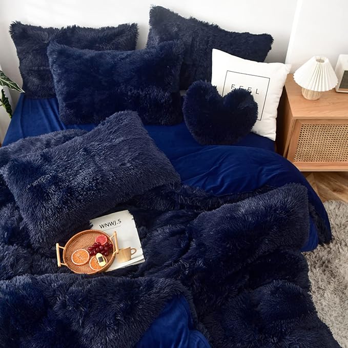 MorroMorn 5 PCS Shaggy Duvet Cover Bedding Set - Long Faux Fur Luxury Ultra Soft Cozy (Navy, King/California King)
