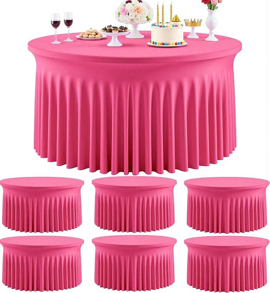 Outpain 6 Pack Hot Pink 72inch Spandex Round Tablecloths, Stretchy 132inch Fitted 6FT Round Table Cloths, Wrinkle Free Table Cover with Skirt for Wedding Party Dining Banquet