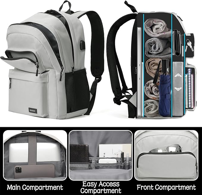 Backpack for Men and Women, School Backpack for Teen Boys and Girls, Carry-on Lightweight Casual Bookbag with USB Charging Port Fit 15.6 Inch Laptop, Grey