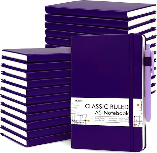 feela 24 Pack Journal Notebook Bulk for Work, Business Notebook Hardcover Lined Writing Journal with Pen Holder for Men Women Note Taking, with 24 Black Pens, 120 GSM, 5.1”x8.3”, A5, Purple