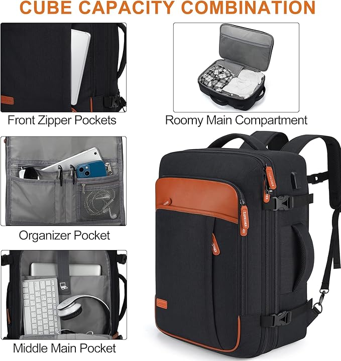 Carry on Travel Backpacks, Extra Large 40L Flight Approved Bag for Men & Women,Expandable Suitcase Backpack With 4 Packing Cubes,Water Resistant Luggage Daypack Business Weekender Bag,Black