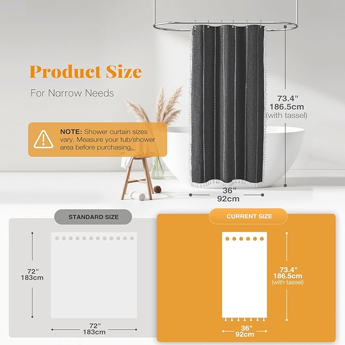 BTTN Boho Shower Stall Curtain - 36x72 Narrow Linen Thick Striped Tassel Fabric Shower Curtain Set with 6 Hooks, Modern Farmhouse Cottage Decorative Cloth Shower Curtains for Bathroom - Charcoal Grey