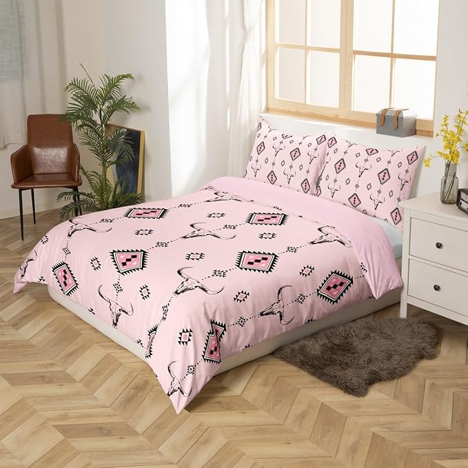 Castle Fairy Tribal Geometry Duvet Cover Full Size,Western Farmhouse Native Ethnic 3 Pcs Quilt Cover(No Filler),Cowgirl Pink Bedding Set with 2 Pillowcases,Southwest Tribal Aztec Kids Room Decor