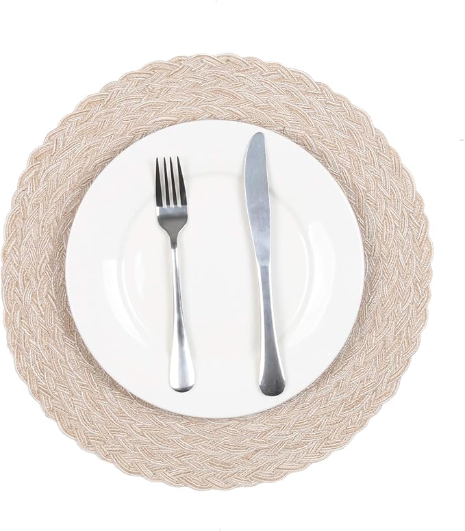 SHACOS Round Braided Placemats 15 inch Set of 4 Boho Woven Washable Kitchen Table Placemats for Home Wedding Party (T-Beige, 4)