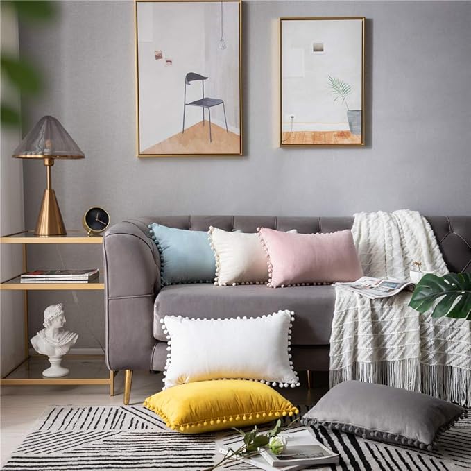 DEZENE Decorative Pillow Cases 12x20 Light-Grey: 2 Pack Cozy Soft Pom-poms Velvet Rectangular Throw Pillow Covers for Farmhouse Home Decor