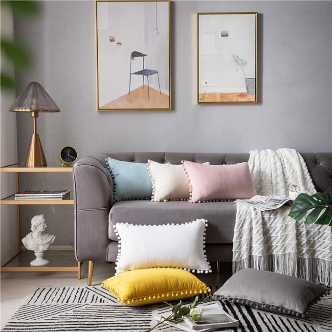 DEZENE 12x20 Throw Pillow Covers Pink: 2 Pack Cozy Soft Pom-poms Velvet Rectangular Decorative Pillow Cases for Farmhouse Home Decor