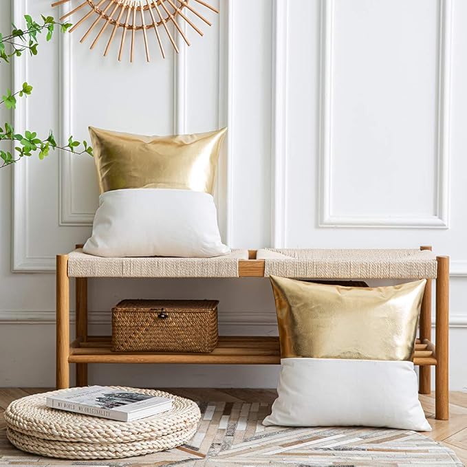 DEZENE Leather Throw Pillow Covers, Set of 2 Modern Leather/Cotton Decorative Pillowcases for Home Decor Bedroom Living Room Couch Bed Sofa, 18x18 Inch, Gold and White