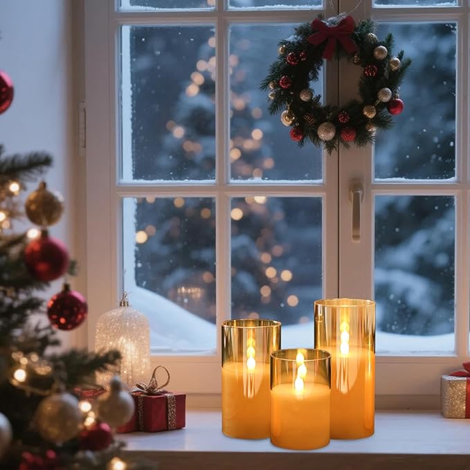 GenSwin Rechargeable Candles with Charging Station, Glass Battery Operated Flamless Candles with Remote Timer, LED Pillar Flickering Candle for Halloween Christmas Wedding Home Decor(Pack of 3, Gold)