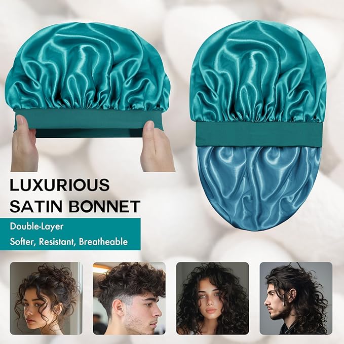 Satin Silk Bonnet for Sleeping, Double Layer Silk Sleep Cap for Men & Women, Soft Satin Lined Bonnet for Natural & Curly Hair(Blue Zircon)