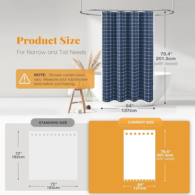 BTTN Stall Fabric Shower Curtain - 54x78 Inch Boho Linen Heavy Duty Tassel Shower Curtain Set with 10 Hooks, Narrow Rustic Modern Farmhouse Neutral Cloth Thick Shower Curtains for Bathroom - Navy Blue