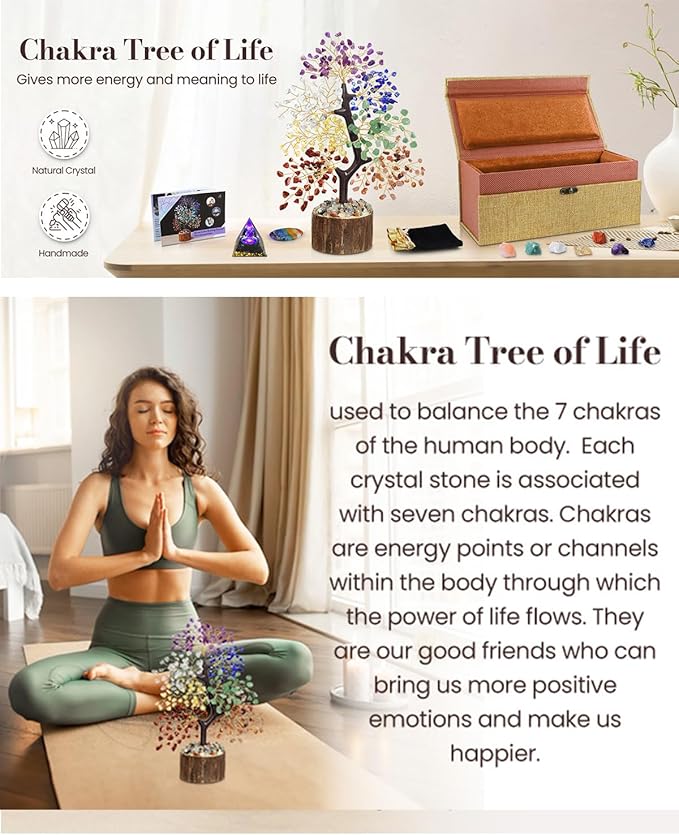 7 Chakra Crystal Tree of Life - Unique Birthday Gifts for Women, Healing Crystal Trees for Home Decor, Office Desk Decor, Positive Energy Spiritual Crystals and Healing Stones, Thumb Worry Stone