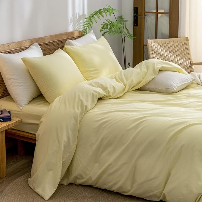 BESTOUCH Duvet Cover Set 100% Washed Cotton Linen Feel Super Soft Comfortable Chic Lightweight 3 PCs Home Bedding Set Solid Light Yellow Cal King