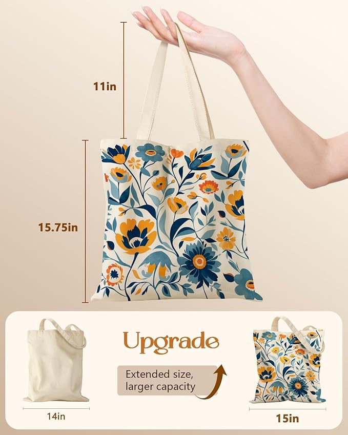 Canvas Tote Bag for Women – Aesthetic Canvas Bag with Zipper Cute Stylish Reusable Shoulder Totes for Shopping Work Daily Vacation, Blue Yellow Flower