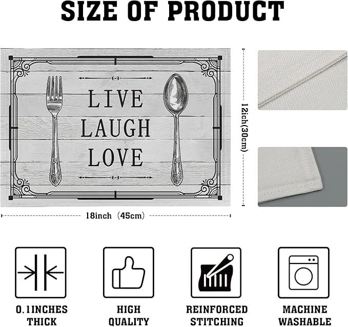 Giwawa Live Laugh Love Placemats Set of 4 Knife Fork Spoon Vintage Style Decorative Linen Table Place Mat Washable Heat Resistant Non Slip for Dining Kitchen Party Holiday 12"x18"