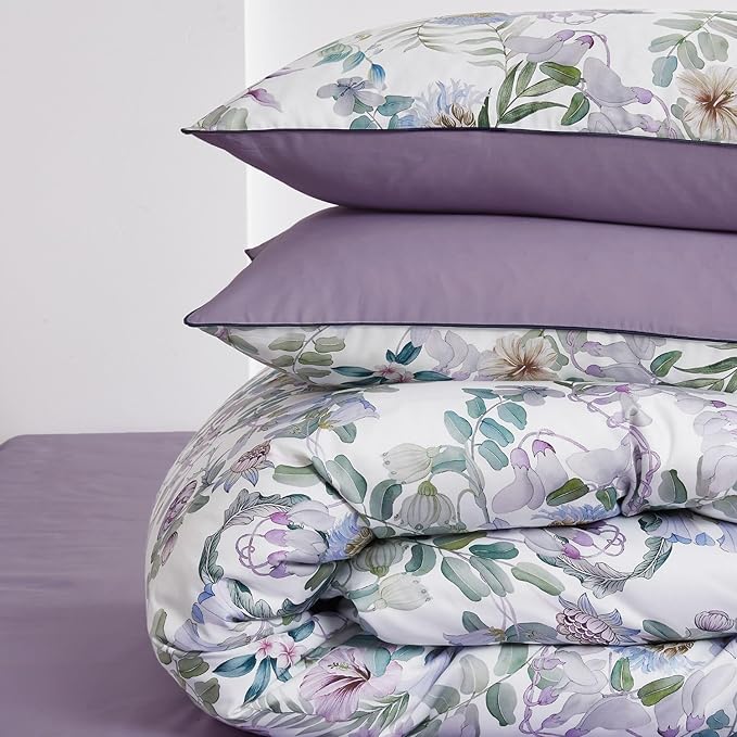 mixinni Garden Style Purple Floral Printed on White Duvet Cover Queen Size Flower Leaves Pattern Long Staple Cotton Bedding Set with Zipper Ties for Him and Her, Easy Care, Soft and Breathable