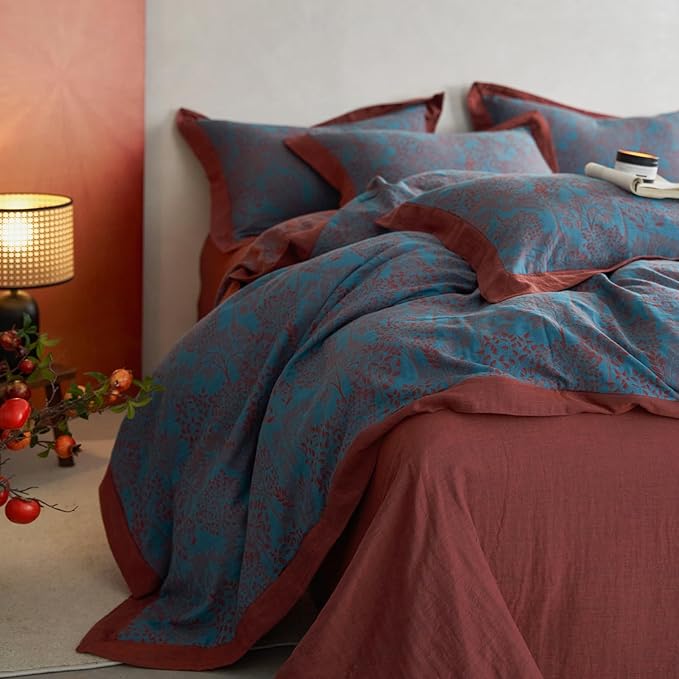mixinni Muslin Cotton Vintage Blue Floral Duvet Cover Queen Size 3pcs Yarn Dyed Burgundy Jacquard Weave Bedding Comforter Cover Soft Breathable Bedding Sets for All Season-King Size