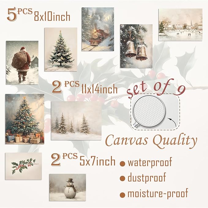 ASTRDECOR Vintage Christmas Wall Art, 9-Piece Winter Holiday Poster Set, Santa, Snowman, Pine Tree Prints for Cozy Xmas Room Décor, Largest 11"x14", Multi Sizes, Christmas Picture Decorations Unframed