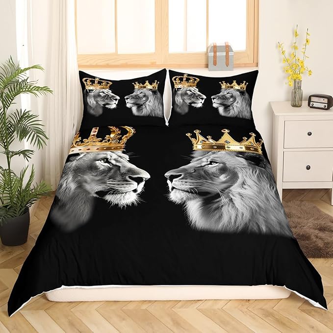 Wild Lion Couple Duvet Cover Set King Size,Gold King and Queen Crown Comforter Cover with 2 Pillowcases,Tropical African Animal Modern Bedding Set for Adult Young Bedroom Xmas Gift (No Comforter)
