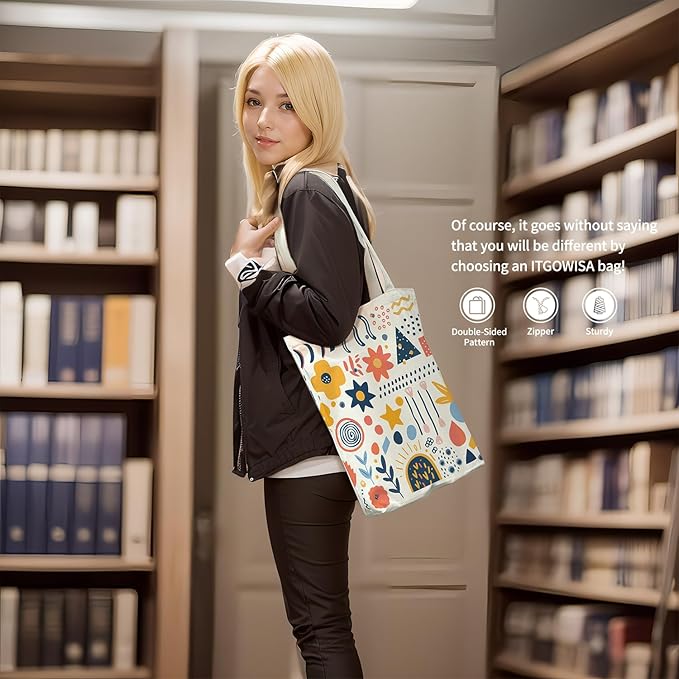 Canvas Tote Bag for Women, Aesthetic Tote Bag with Zipper Pocket for Grocery Travel Work Gift, Canvas Shopping Bag