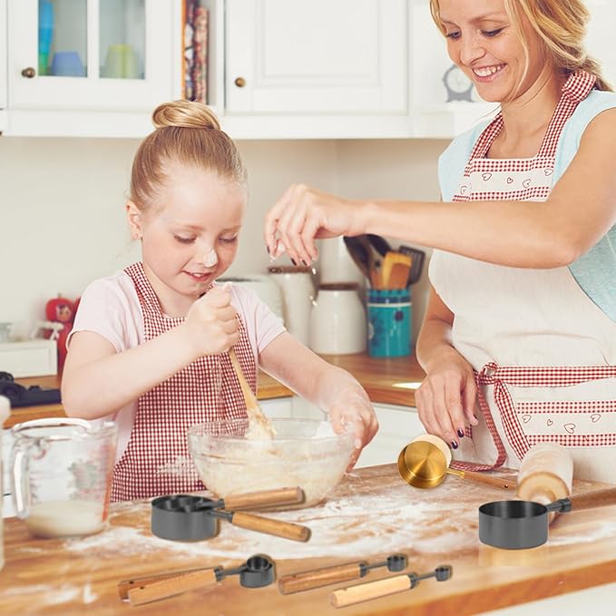 Measuring Cups and Spoons Set with Fragrant Wood Handles, 8 Piece Measuring Spoons and Measuring Cups Set,Precision Measuring Cup Set for the Kitchen Enthusiast(Black)