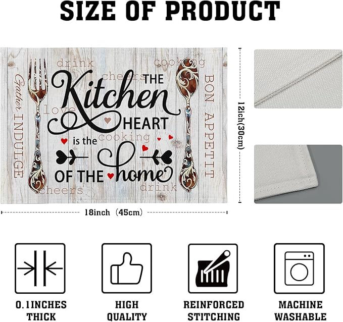 Giwawa The Kitchen is The Heart of The Home Placemats Set of 4, 12x18 Inch Farmhouse Vintage Style Cooking Sets Linen Table Place Mats Non-Slip Heat Resistance for Kitchen Dining Party Decor