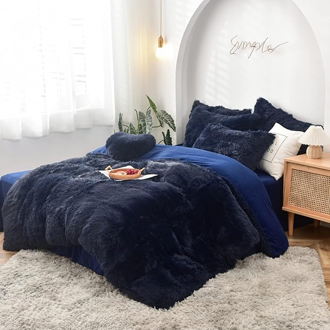 MorroMorn 5 PCS Shaggy Duvet Cover Bedding Set - Long Faux Fur Luxury Ultra Soft Cozy (Navy, King/California King)