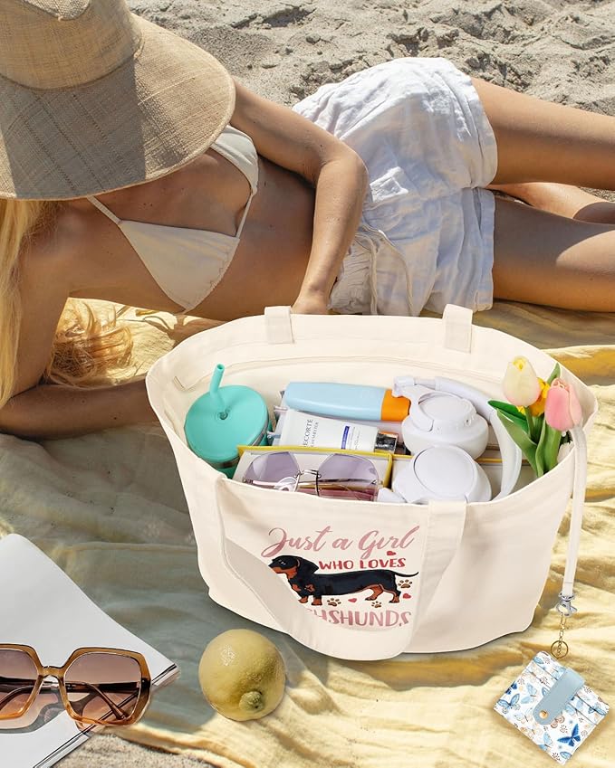 Large Tote Bag for Women - Aesthetic Cute Big Canvas Bags with Zipper Cotton Shoulder Bag for Gym, Travel, Work