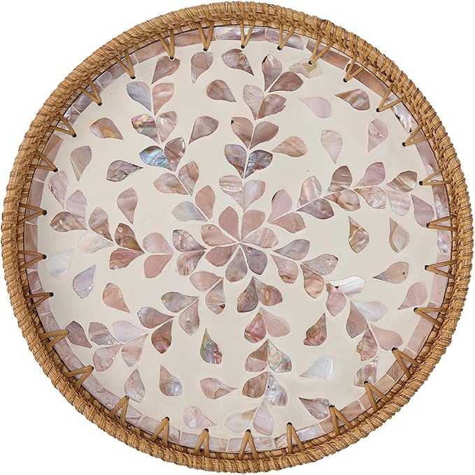 Round Rattan Tray for Home Decor 11.8 inch, Modern and Boho Decor Serving Tray with Mother of Pearl Inlay, Wicker Basket for Coffee Table, Hand Woven Decorative Tray Plates (Gold)