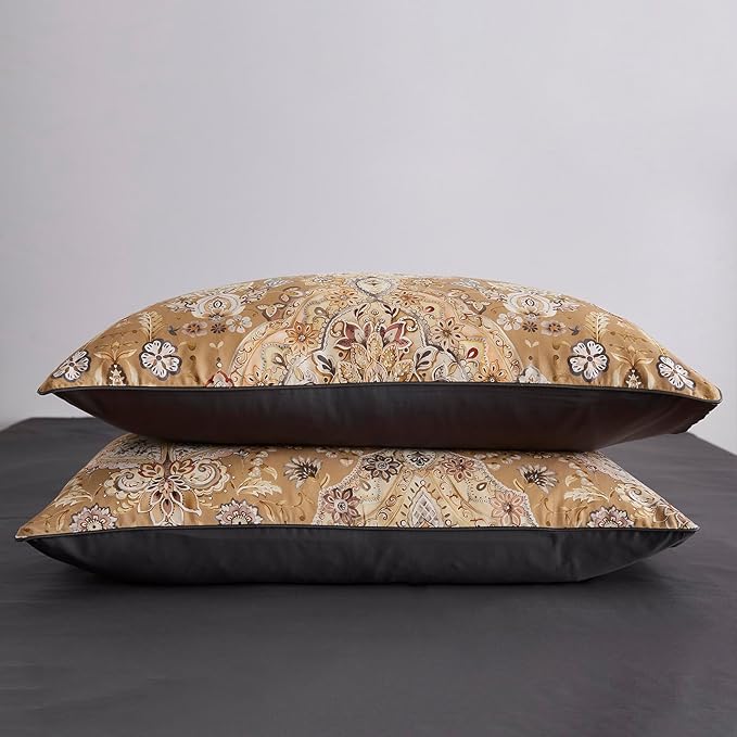 mixinni Long Staple Cotton Percale Golden Paisley Duvet Cover Queen Size Boho Floral Pattern 3 Pieces Soft Aesthetic Bedding Set for Him and Her, 1 Duvet Cover and 2 Pillowcases for All Seasons