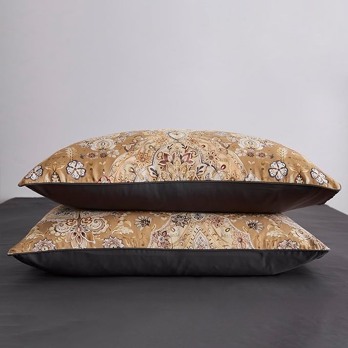 mixinni Long Staple Cotton Percale Golden Paisley Duvet Cover King Size Boho Floral Pattern 3 Pieces Soft Aesthetic Bedding Set for Him and Her, 1 Duvet Cover and 2 Pillowcases for All Seasons