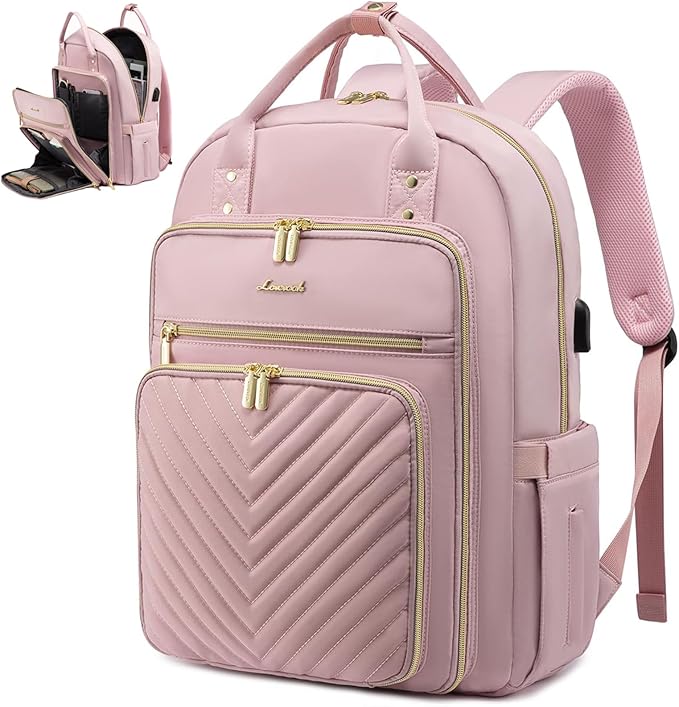 LOVEVOOK Laptop Backpack Women Teacher Backpack,15.6 Inch Laptop Bag with USB Port,Waterproof Daypack for Work Travel Pink