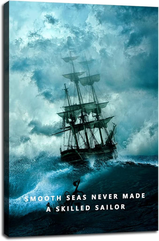 Smooth Seas Never Made A Skilled Sailor Motivational Wall Art Inspirational Canvas Poster Entrepreneur Quote Picture Home Office Decor Painting Framed and Stretched Ready to Hang [24''W x 36''H]