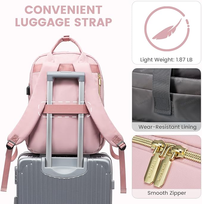 LOVEVOOK Laptop Backpack Women Teacher Backpack,15.6 Inch Laptop Bag with USB Port,Waterproof Daypack for Work Travel Pink