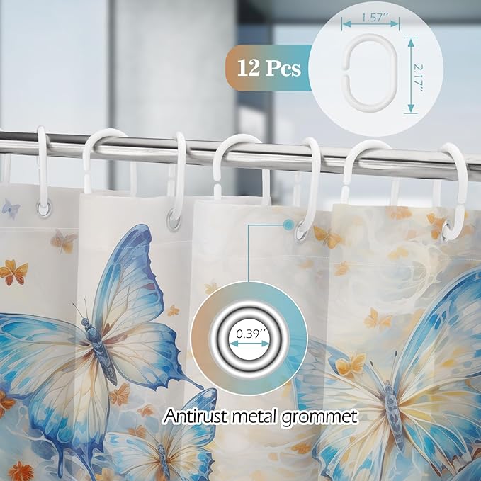 Aimego Long Butterfly Shower Curtain - Blue Burnt Orange Butterflies Watercolor Oil Painting Spring Summer Shower Curtain Set with 12 Hooks for Bathroom Decor Accessories Bathtub Curtain, 72"x78"