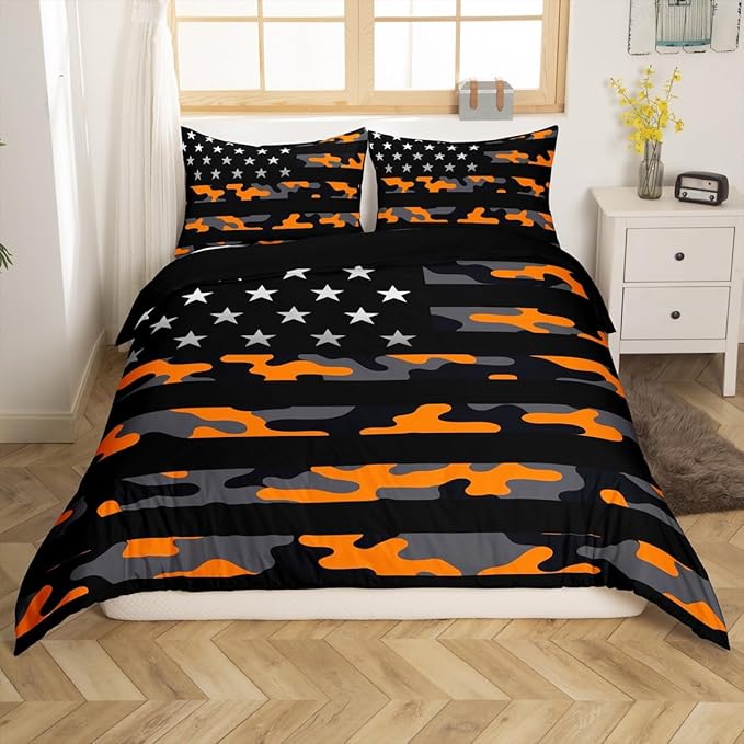 Camo American Flag Duvet Cover Set King Size,Orange Grey Black Camouflage Print Comforter Cover with 2 Pillowcases,Stars Stripes Flag Modern Bedding Set for Adult Young Bedroom Xmas Gift
