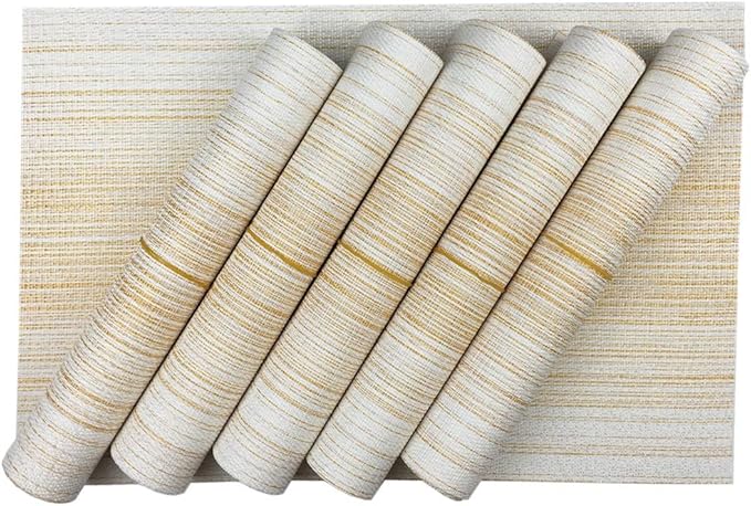 Placemat,Blending Color Durable Woven Vinyl Placemat Washable Heat-Resistant Anti-Skid Kitchen Dining Table Mats (Set of 6, Yellow with White)