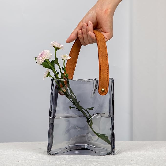 Glass Purse Vase for Flowers Black Vases for Centerpieces Glass Bag Vase with Leather Handle Small Bag Vases for Decor Decorative Fish Bowl for Home Wedding Decor