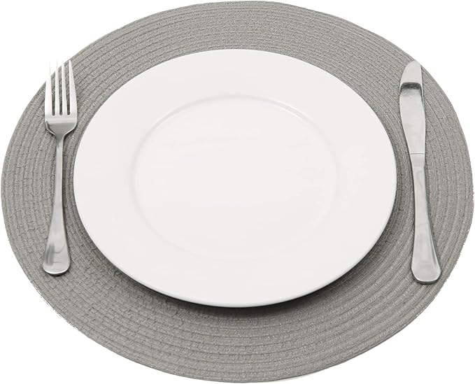 SHACOS Round Braided Placemats Set of 6 Thick Fabric Circle Grey Place Mats Woven Table Mats for Dining Tables 15 inch (Gray, 6)