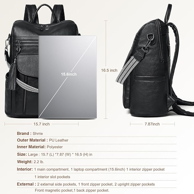 Shrrie Laptop Backpack for Women 15.6 inch,Travel Leather Backpack Purse Nurse Teacher Carry on Backpack Computer Bag,Professional Water-Resistant College Business Work Casual Daypack,Two-tone Black
